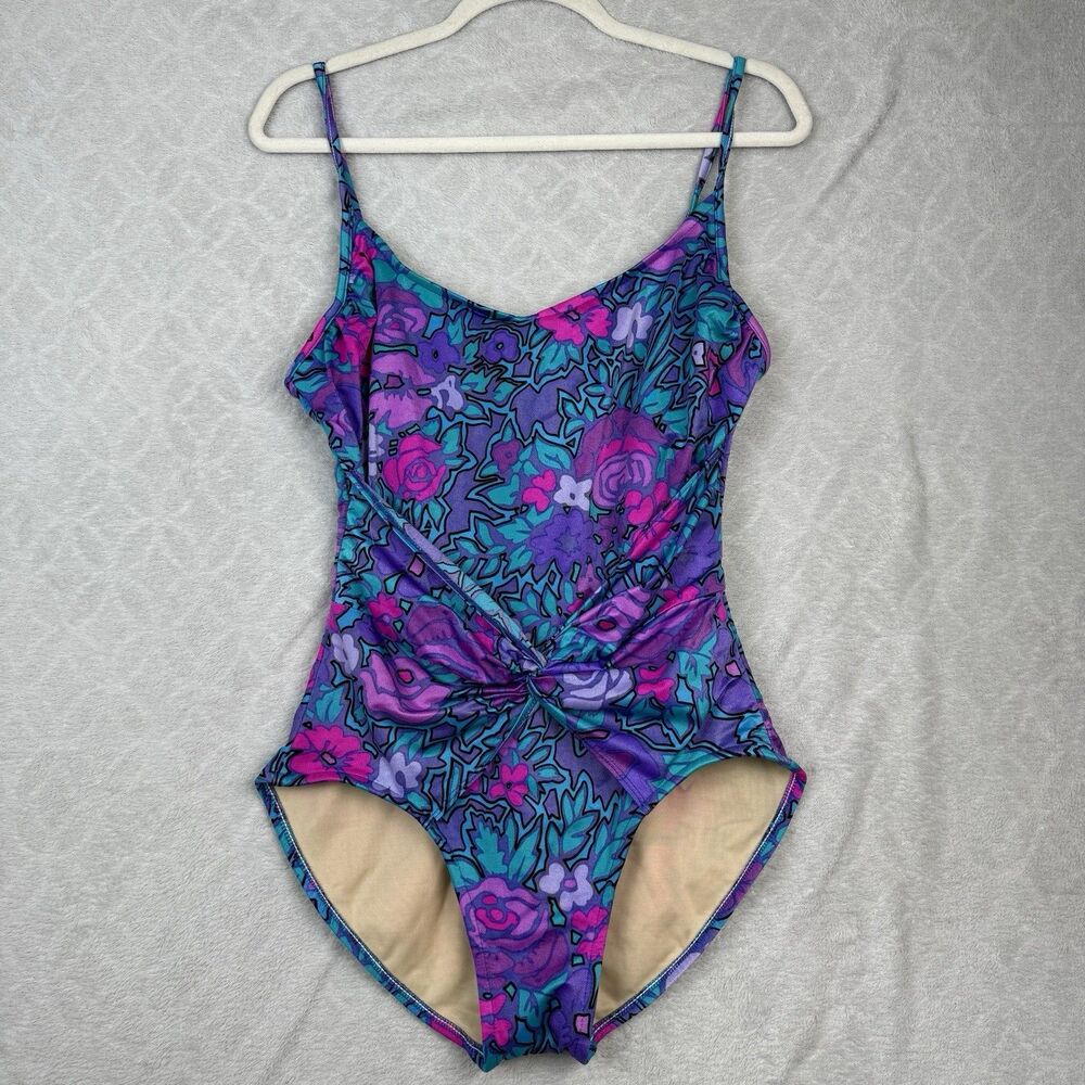 Vtg Carol Wior One Piece Slimsuit 14 Swim Shaping Tropical Beach Resort 80s 90s